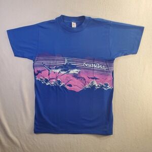 Vintage SeaWorld Shark T Shirt Blue Single Stitch Textile Prints Animal USA L